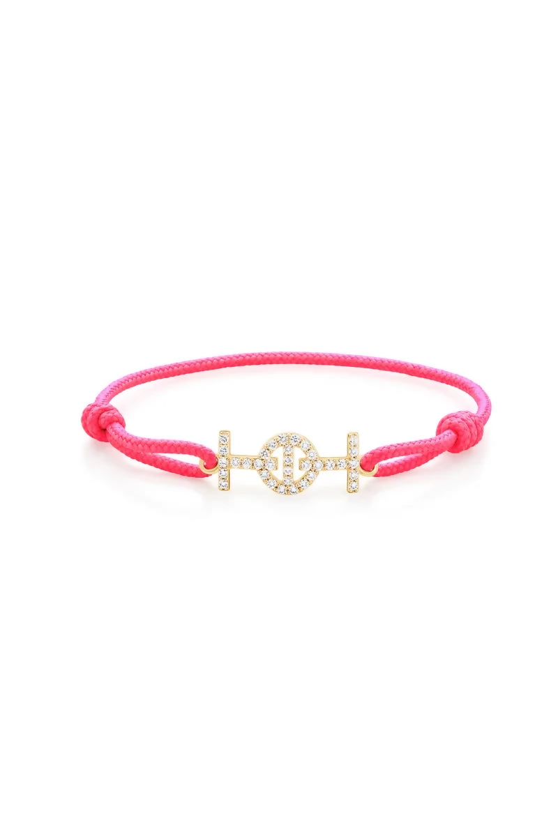 Challenge Cord Bracelet in 9K Yellow Gold with White Diamonds - Hot Pink